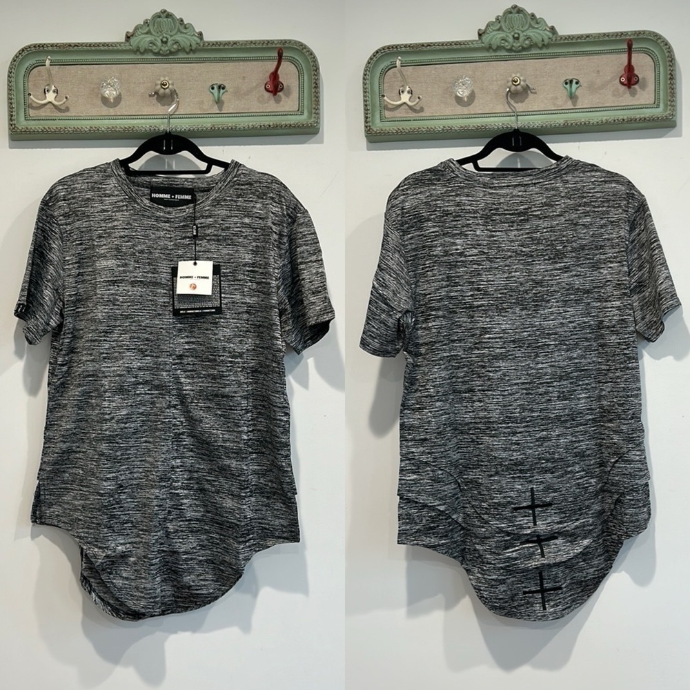 Homme + Femme Heathered Grey Round Hem Embroidered Black Cross Athletic Top Larg